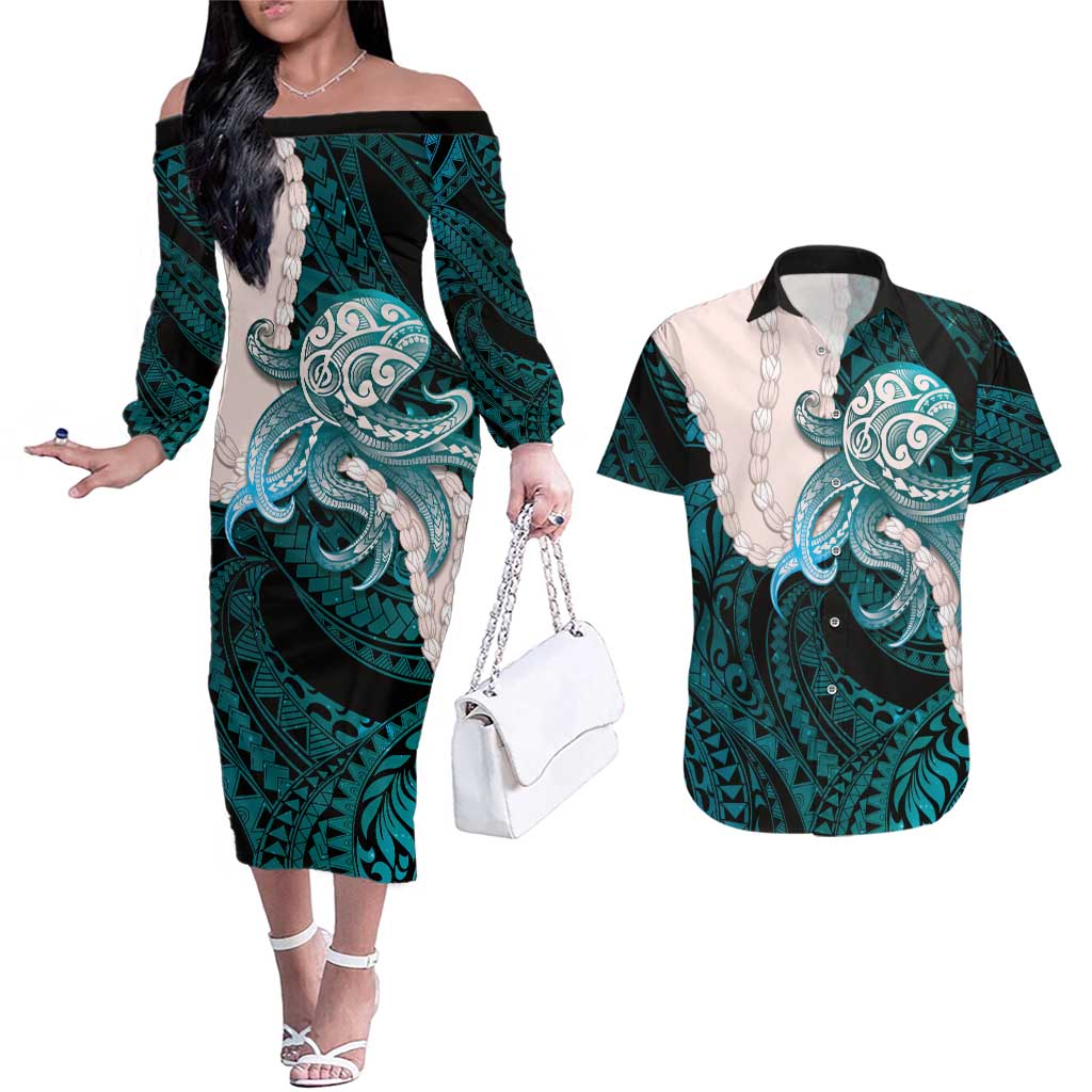 Teal Galaxy Polynesia Tribal Octopus Tattoo Couples Matching Off The Shoulder Long Sleeve Dress and Hawaiian Shirt Pikake Lei Polynesian Pattern