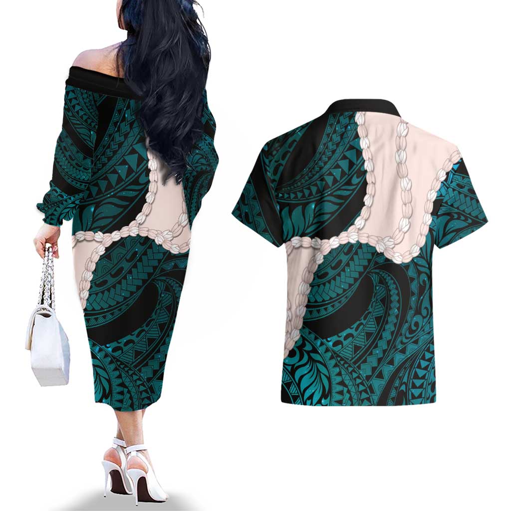 Teal Galaxy Polynesia Tribal Octopus Tattoo Couples Matching Off The Shoulder Long Sleeve Dress and Hawaiian Shirt Pikake Lei Polynesian Pattern