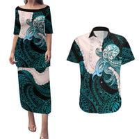 Teal Galaxy Polynesia Tribal Octopus Tattoo Couples Matching Puletasi and Hawaiian Shirt Pikake Lei Polynesian Pattern