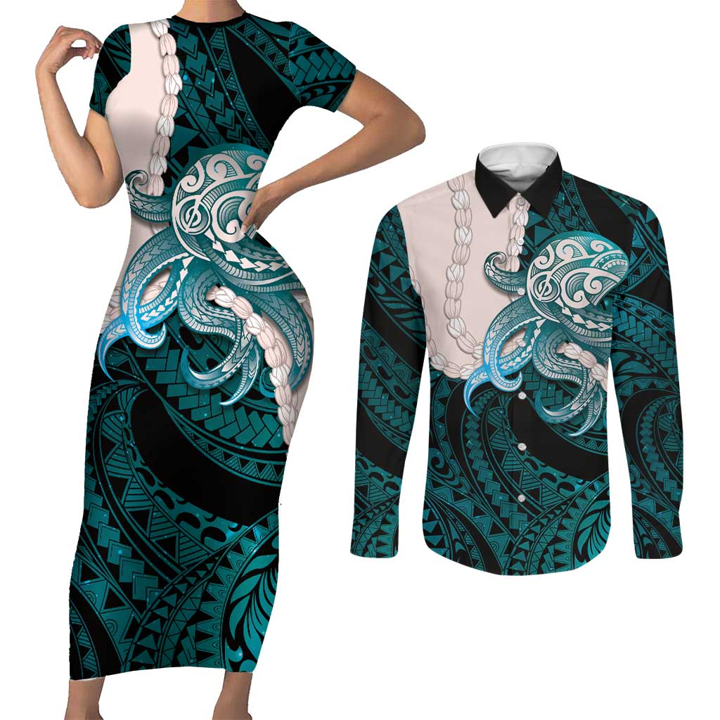 Teal Galaxy Polynesia Tribal Octopus Tattoo Couples Matching Short Sleeve Bodycon Dress and Long Sleeve Button Shirt Pikake Lei Polynesian Pattern