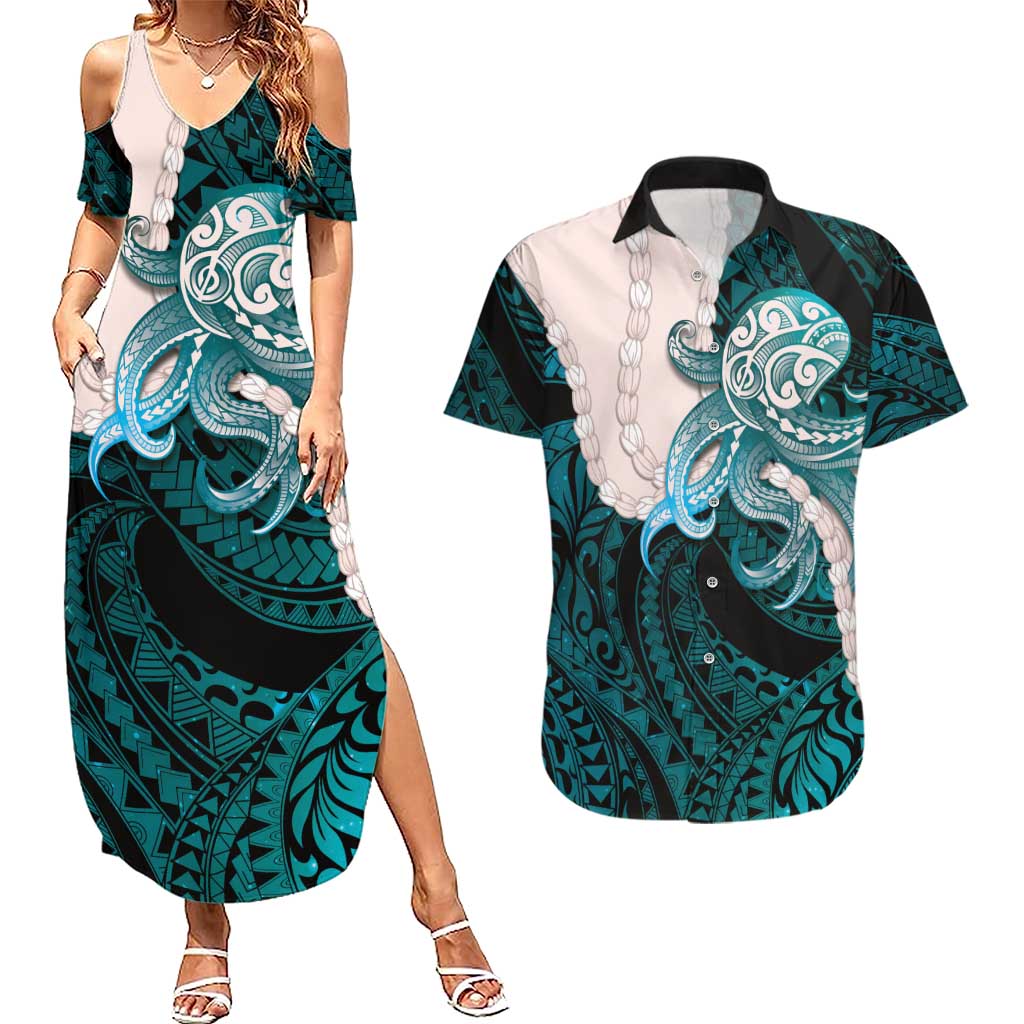 Teal Galaxy Polynesia Tribal Octopus Tattoo Couples Matching Summer Maxi Dress and Hawaiian Shirt Pikake Lei Polynesian Pattern