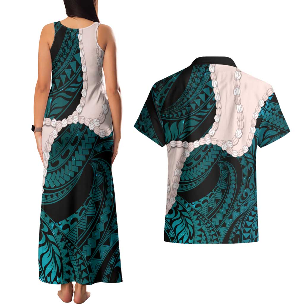 Teal Galaxy Polynesia Tribal Octopus Tattoo Couples Matching Tank Maxi Dress and Hawaiian Shirt Pikake Lei Polynesian Pattern