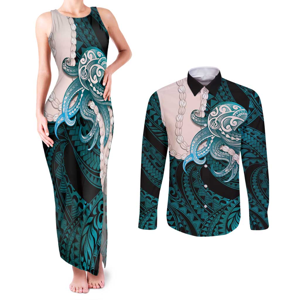 Teal Galaxy Polynesia Tribal Octopus Tattoo Couples Matching Tank Maxi Dress and Long Sleeve Button Shirt Pikake Lei Polynesian Pattern