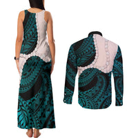 Teal Galaxy Polynesia Tribal Octopus Tattoo Couples Matching Tank Maxi Dress and Long Sleeve Button Shirt Pikake Lei Polynesian Pattern
