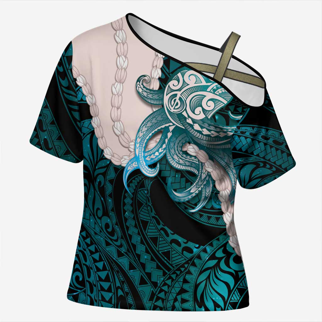 Teal Galaxy Polynesia Tribal Octopus Tattoo Cross Shoulder Shirt Pikake Lei Polynesian Pattern