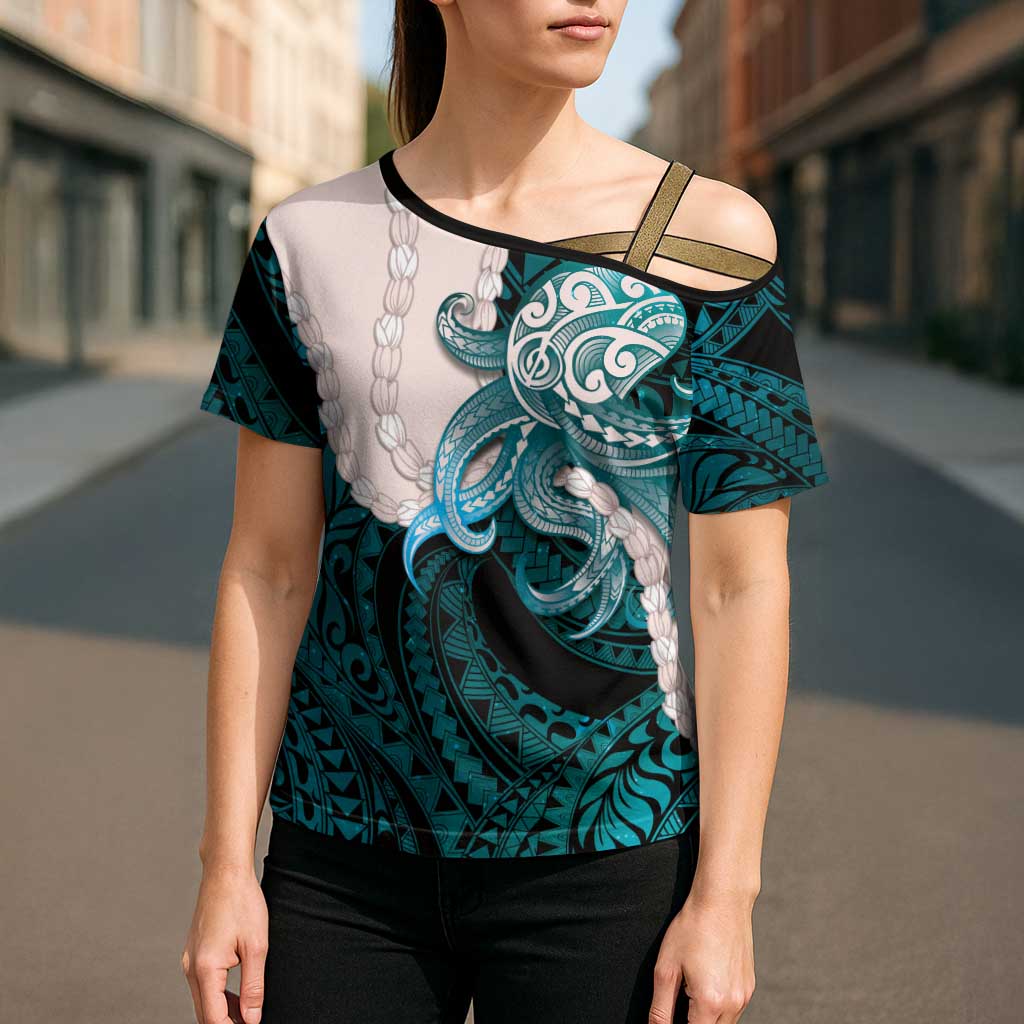Teal Galaxy Polynesia Tribal Octopus Tattoo Cross Shoulder Shirt Pikake Lei Polynesian Pattern