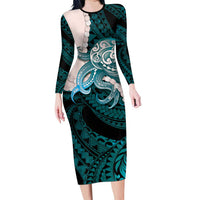 Teal Galaxy Polynesia Tribal Octopus Tattoo Family Matching Long Sleeve Bodycon Dress and Hawaiian Shirt Pikake Lei Polynesian Pattern