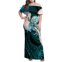 Teal Galaxy Polynesia Tribal Octopus Tattoo Family Matching Off Shoulder Maxi Dress and Hawaiian Shirt Pikake Lei Polynesian Pattern