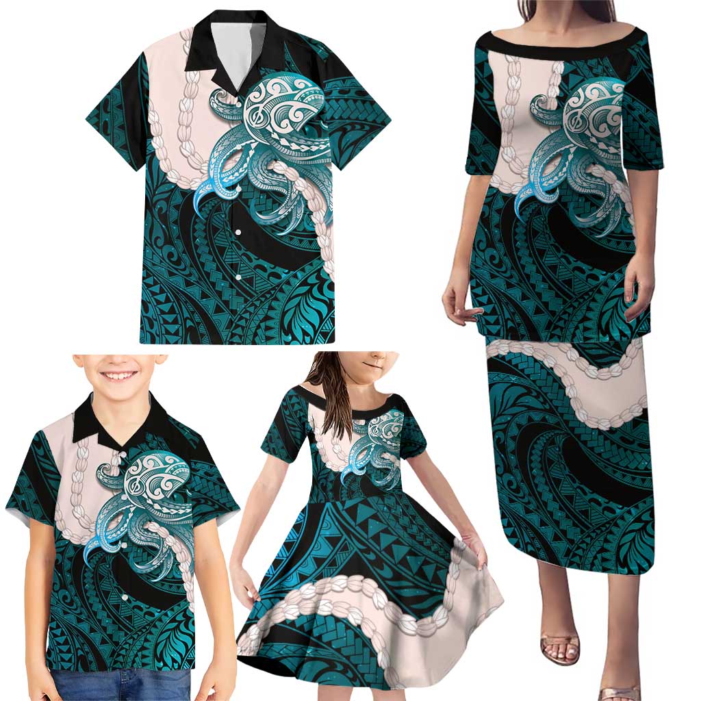 Teal Galaxy Polynesia Tribal Octopus Tattoo Family Matching Puletasi and Hawaiian Shirt Pikake Lei Polynesian Pattern
