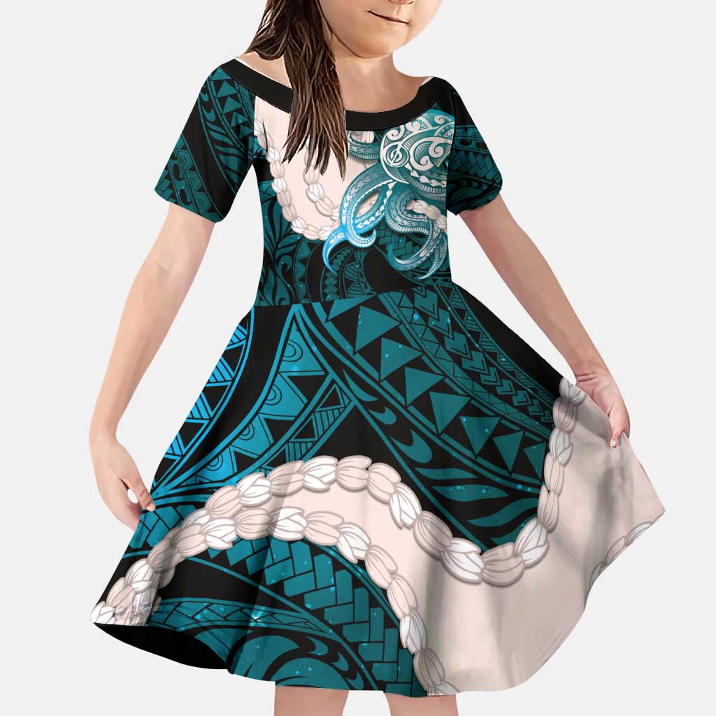 Teal Galaxy Polynesia Tribal Octopus Tattoo Family Matching Short Sleeve Bodycon Dress and Hawaiian Shirt Pikake Lei Polynesian Pattern