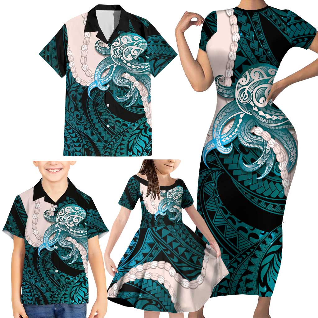 Teal Galaxy Polynesia Tribal Octopus Tattoo Family Matching Short Sleeve Bodycon Dress and Hawaiian Shirt Pikake Lei Polynesian Pattern