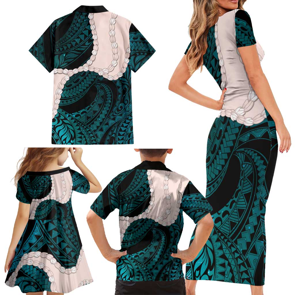 Teal Galaxy Polynesia Tribal Octopus Tattoo Family Matching Short Sleeve Bodycon Dress and Hawaiian Shirt Pikake Lei Polynesian Pattern