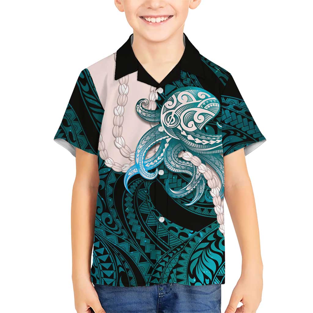 Teal Galaxy Polynesia Tribal Octopus Tattoo Family Matching Tank Maxi Dress and Hawaiian Shirt Pikake Lei Polynesian Pattern