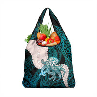 Teal Galaxy Polynesia Tribal Octopus Tattoo Grocery Bag Pikake Lei Polynesian Pattern