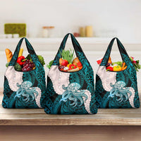 Teal Galaxy Polynesia Tribal Octopus Tattoo Grocery Bag Pikake Lei Polynesian Pattern
