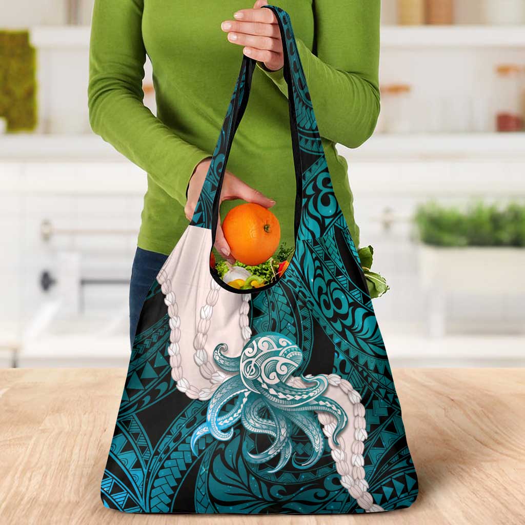 Teal Galaxy Polynesia Tribal Octopus Tattoo Grocery Bag Pikake Lei Polynesian Pattern