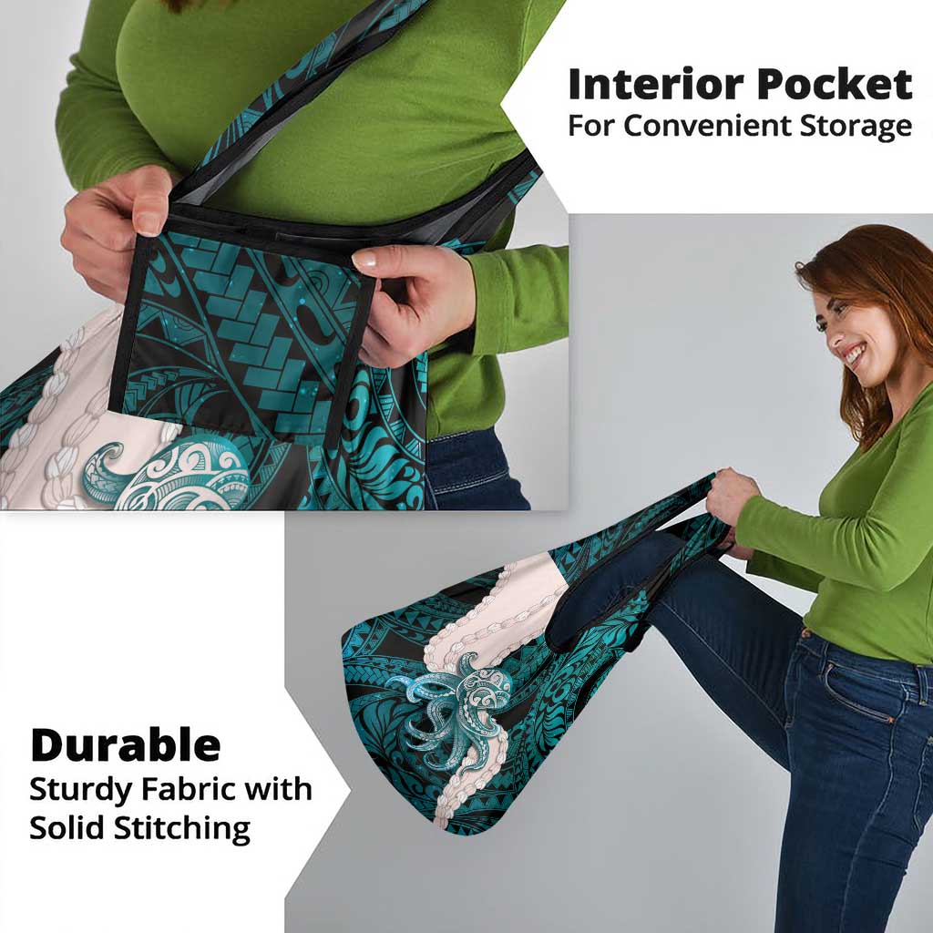 Teal Galaxy Polynesia Tribal Octopus Tattoo Grocery Bag Pikake Lei Polynesian Pattern
