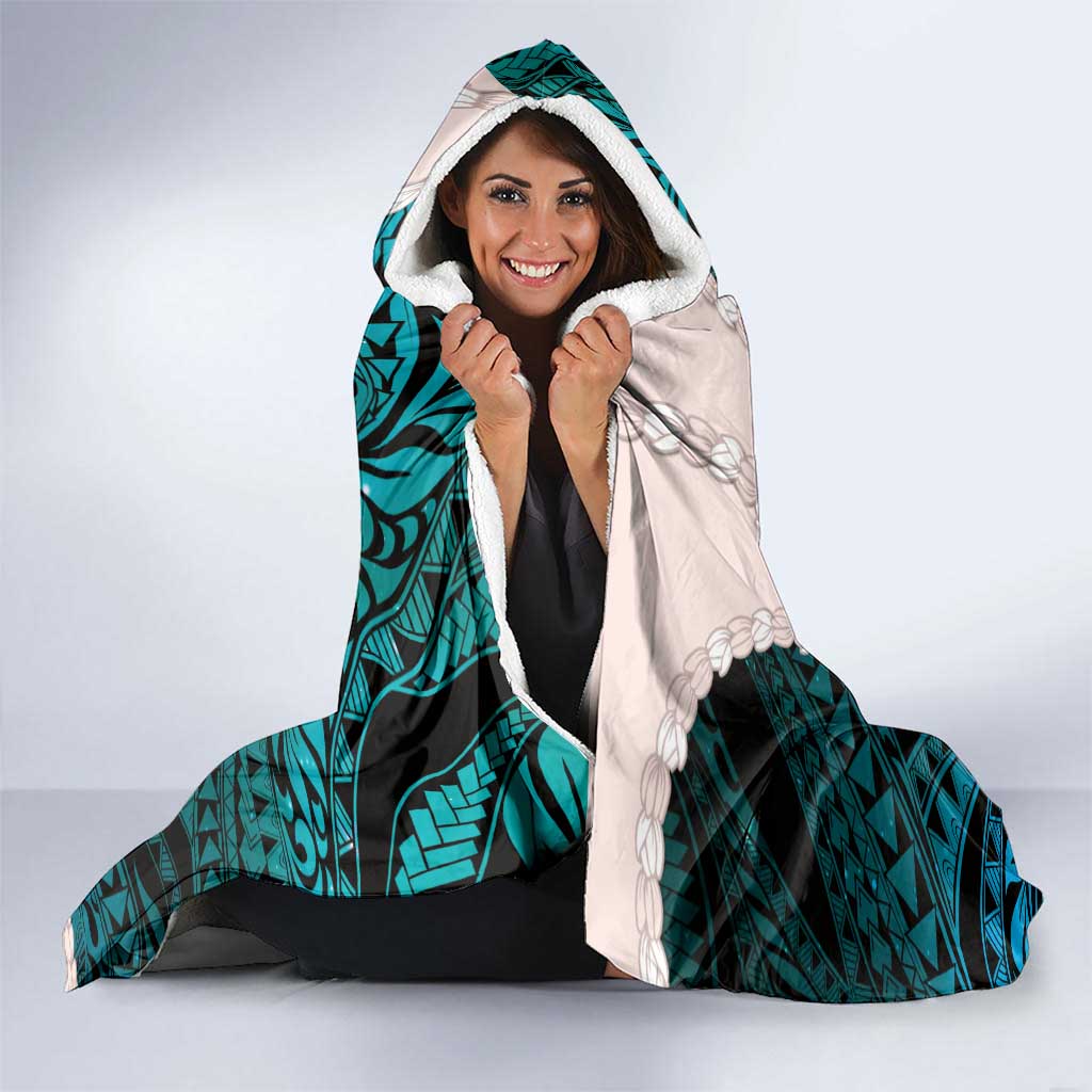 Teal Galaxy Polynesia Tribal Octopus Tattoo Hooded Blanket Pikake Lei Polynesian Pattern