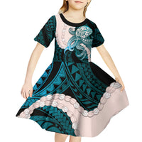 Teal Galaxy Polynesia Tribal Octopus Tattoo Kid Short Sleeve Dress Pikake Lei Polynesian Pattern