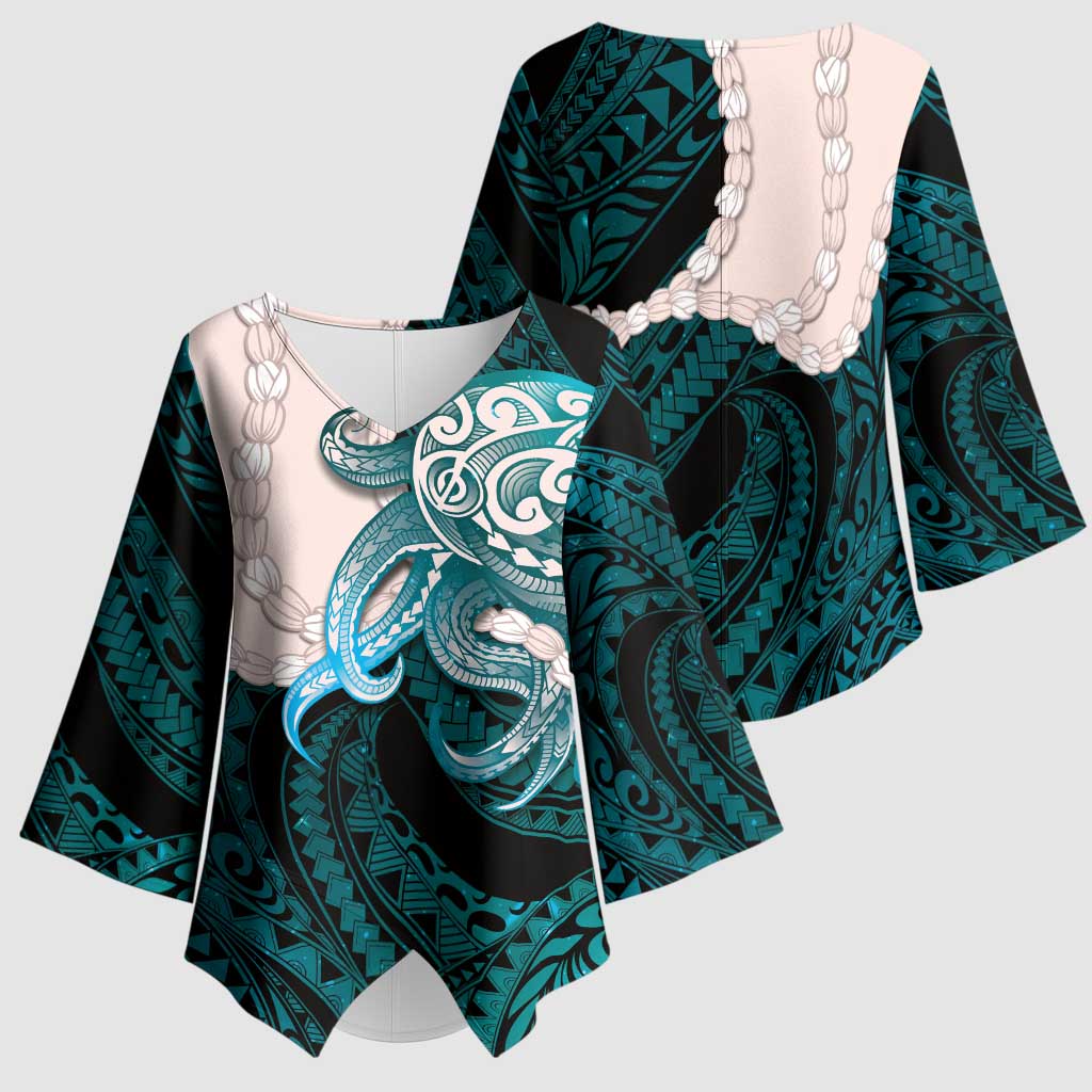 Teal Galaxy Polynesia Tribal Octopus Tattoo Kimono Sleeve Blouse Pikake Lei Polynesian Pattern