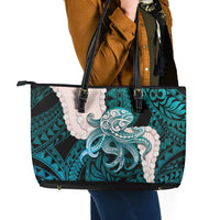 Teal Galaxy Polynesia Tribal Octopus Tattoo Leather Tote Bag Pikake Lei Polynesian Pattern