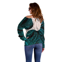 Teal Galaxy Polynesia Tribal Octopus Tattoo Off Shoulder Sweater Pikake Lei Polynesian Pattern