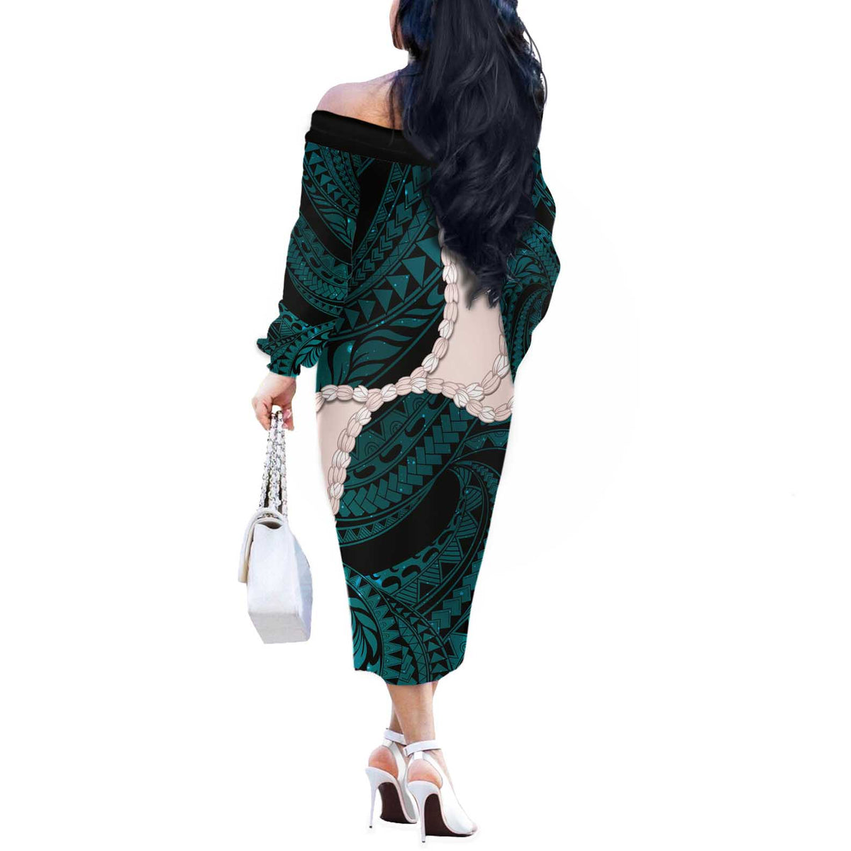Teal Galaxy Polynesia Tribal Octopus Tattoo Off The Shoulder Long Sleeve Dress Pikake Lei Polynesian Pattern