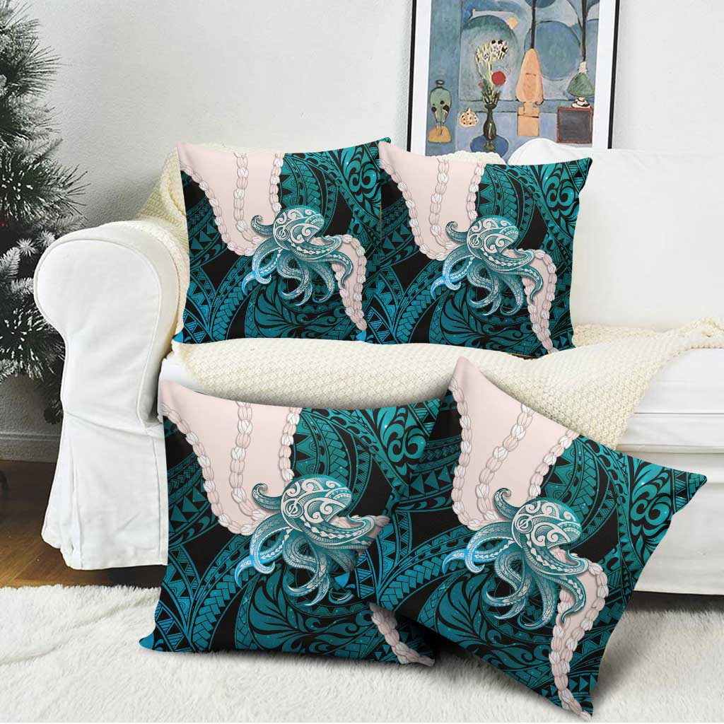 Teal Galaxy Polynesia Tribal Octopus Tattoo Pillow Cover Pikake Lei Polynesian Pattern