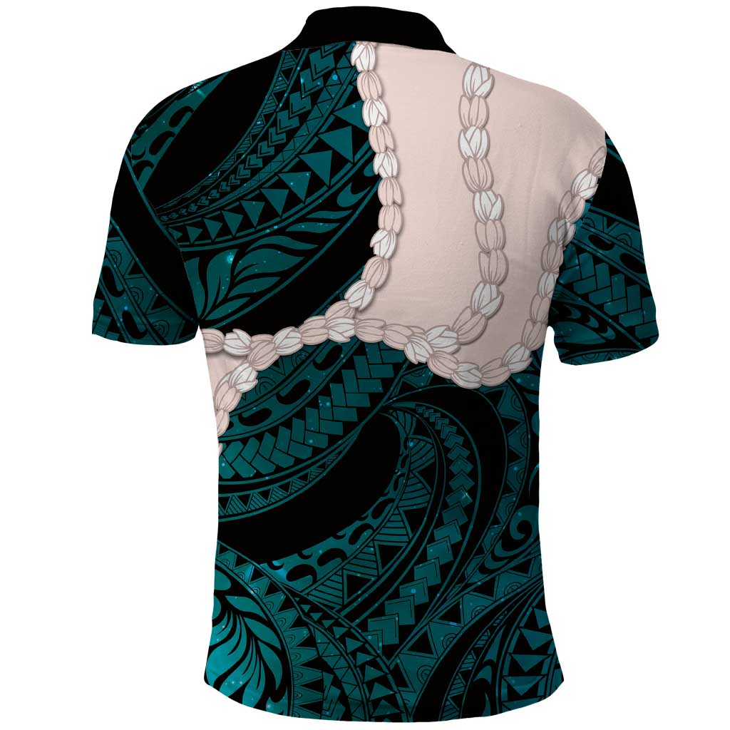 Teal Galaxy Polynesia Tribal Octopus Tattoo Polo Shirt Pikake Lei Polynesian Pattern