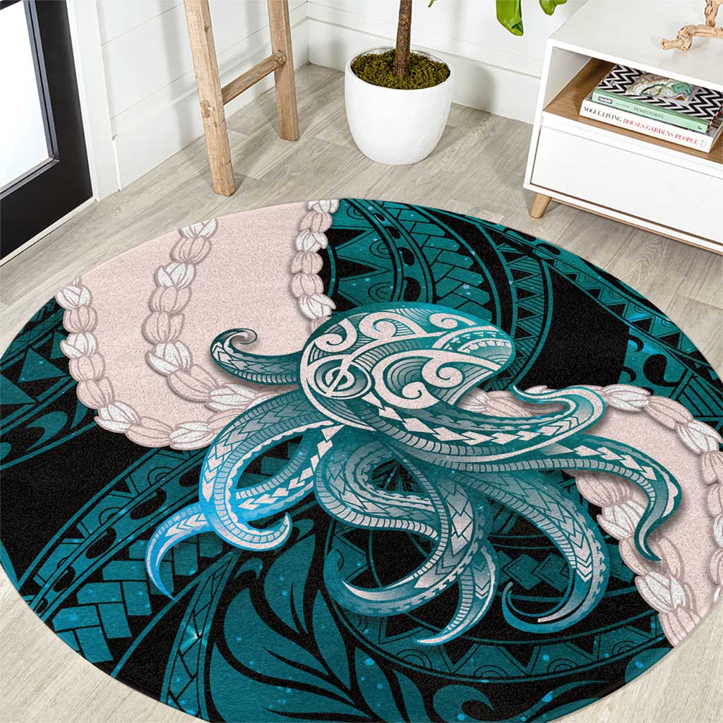 Teal Galaxy Polynesia Tribal Octopus Tattoo Round Carpet Pikake Lei Polynesian Pattern