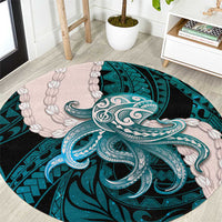 Teal Galaxy Polynesia Tribal Octopus Tattoo Round Carpet Pikake Lei Polynesian Pattern