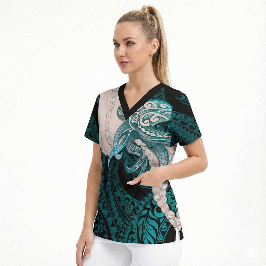 Teal Galaxy Polynesia Tribal Octopus Tattoo Scrub Top Pikake Lei Polynesian Pattern