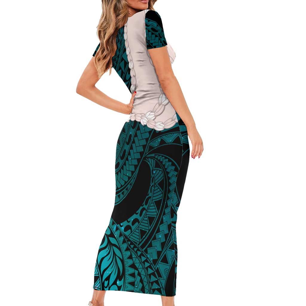 Teal Galaxy Polynesia Tribal Octopus Tattoo Short Sleeve Bodycon Dress Pikake Lei Polynesian Pattern