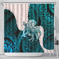 Teal Galaxy Polynesia Tribal Octopus Tattoo Shower Curtain Pikake Lei Polynesian Pattern