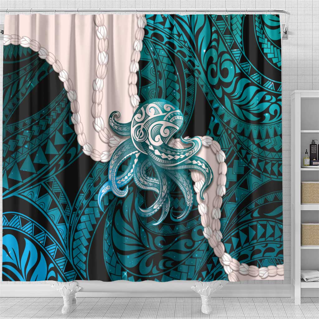 Teal Galaxy Polynesia Tribal Octopus Tattoo Shower Curtain Pikake Lei Polynesian Pattern