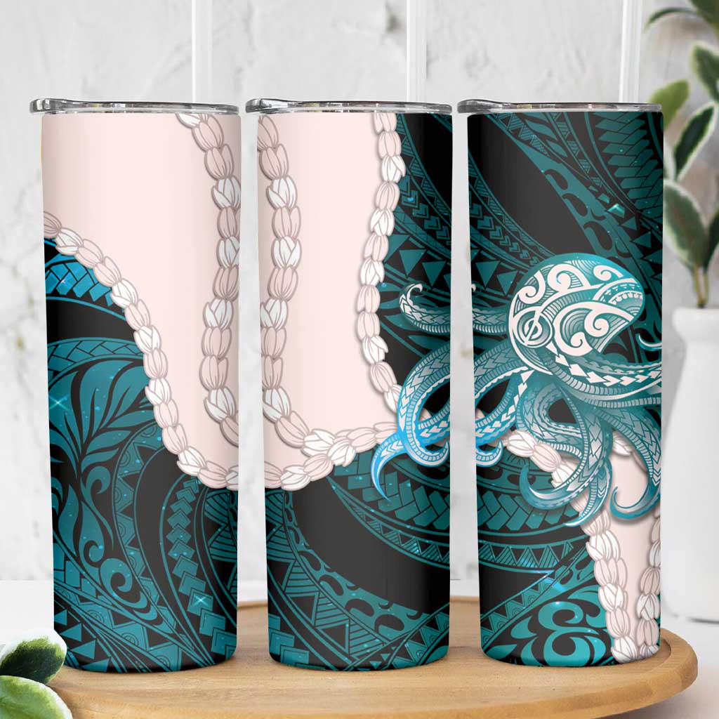 Teal Galaxy Polynesia Tribal Octopus Tattoo Skinny Tumbler Pikake Lei Polynesian Pattern