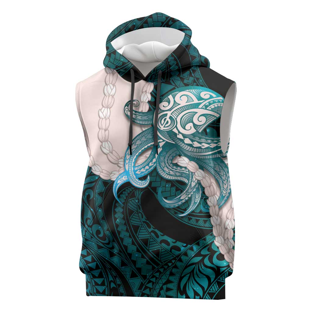 Teal Galaxy Polynesia Tribal Octopus Tattoo Sleeveless Hoodie Pikake Lei Polynesian Pattern