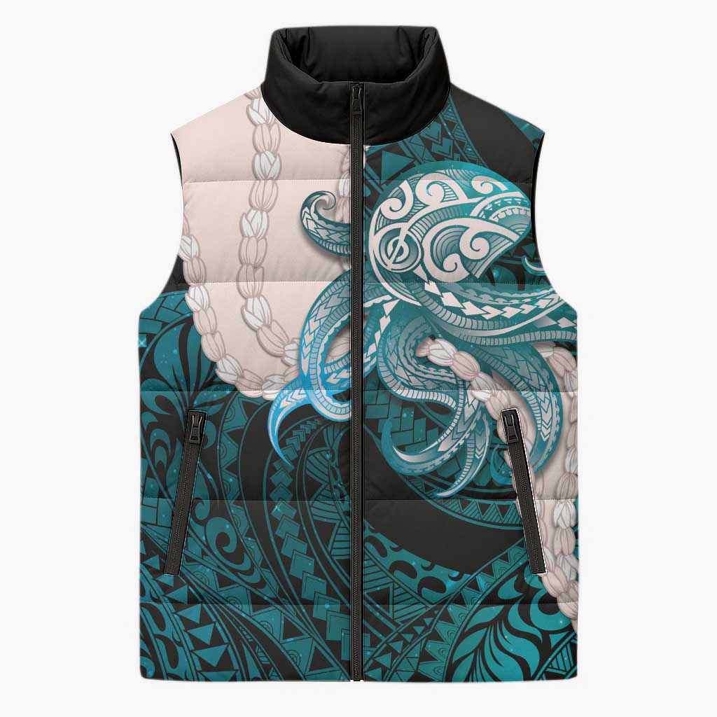 Teal Galaxy Polynesia Tribal Octopus Tattoo Sleeveless Puffer Jacket Pikake Lei Polynesian Pattern