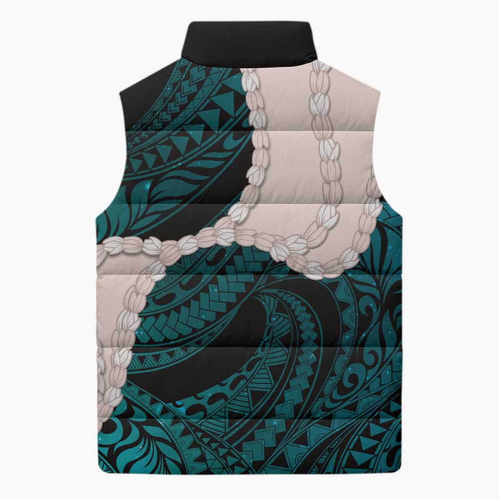 Teal Galaxy Polynesia Tribal Octopus Tattoo Sleeveless Puffer Jacket Pikake Lei Polynesian Pattern