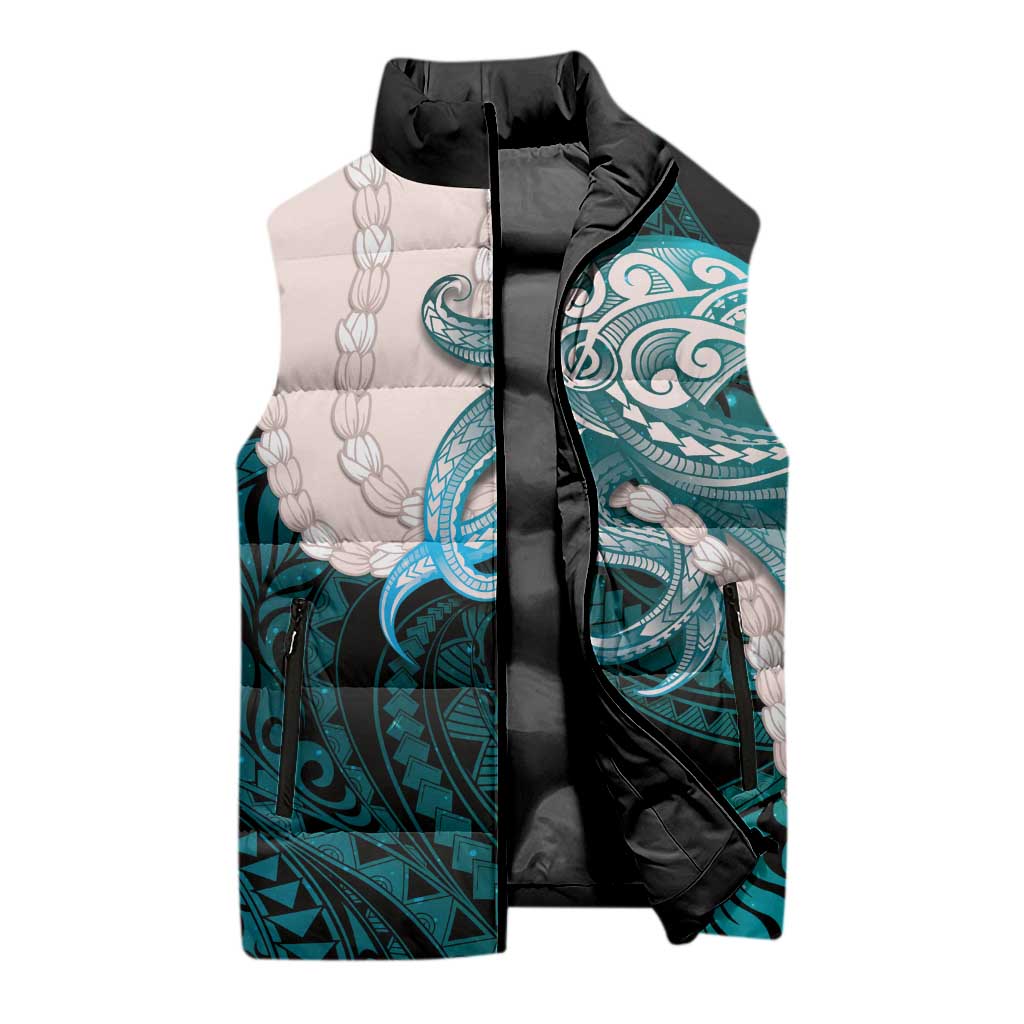 Teal Galaxy Polynesia Tribal Octopus Tattoo Sleeveless Puffer Jacket Pikake Lei Polynesian Pattern