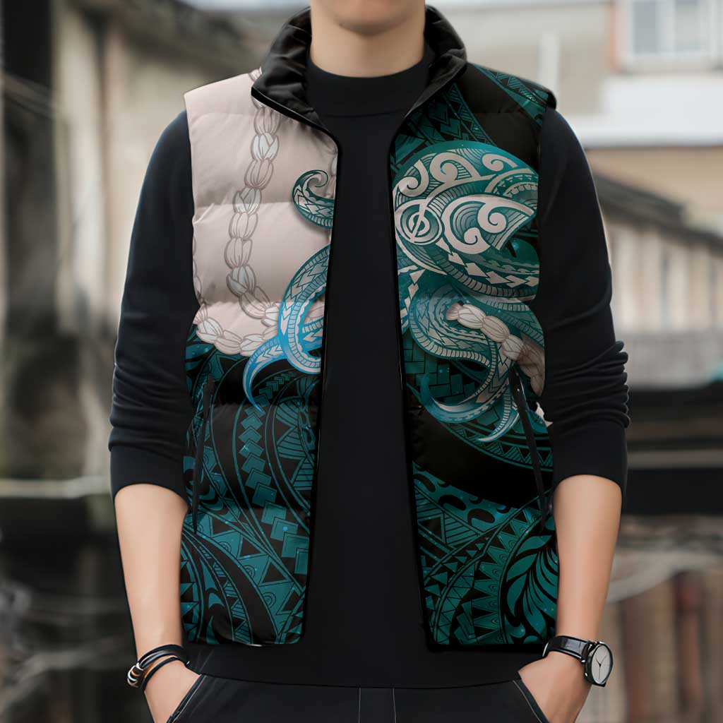 Teal Galaxy Polynesia Tribal Octopus Tattoo Sleeveless Puffer Jacket Pikake Lei Polynesian Pattern