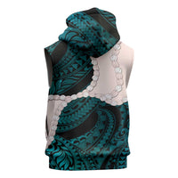 Teal Galaxy Polynesia Tribal Octopus Tattoo Sleeveless Zip Hoodie Pikake Lei Polynesian Pattern