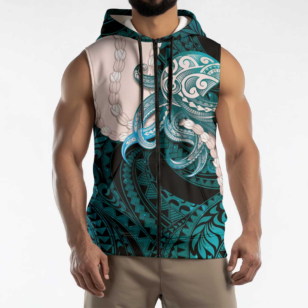Teal Galaxy Polynesia Tribal Octopus Tattoo Sleeveless Zip Hoodie Pikake Lei Polynesian Pattern