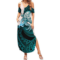 Teal Galaxy Polynesia Tribal Octopus Tattoo Summer Maxi Dress Pikake Lei Polynesian Pattern