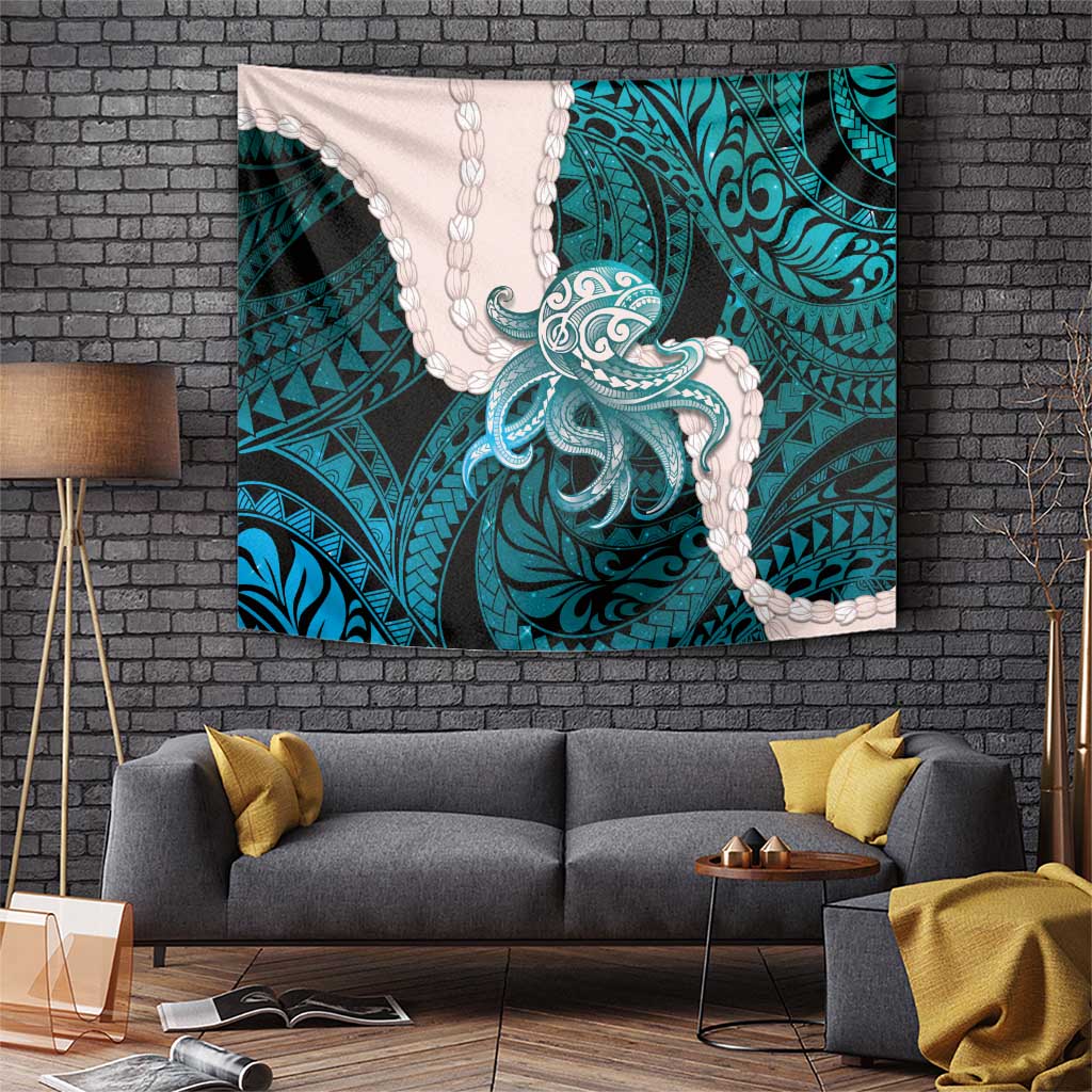 Teal Galaxy Polynesia Tribal Octopus Tattoo Tapestry Pikake Lei Polynesian Pattern