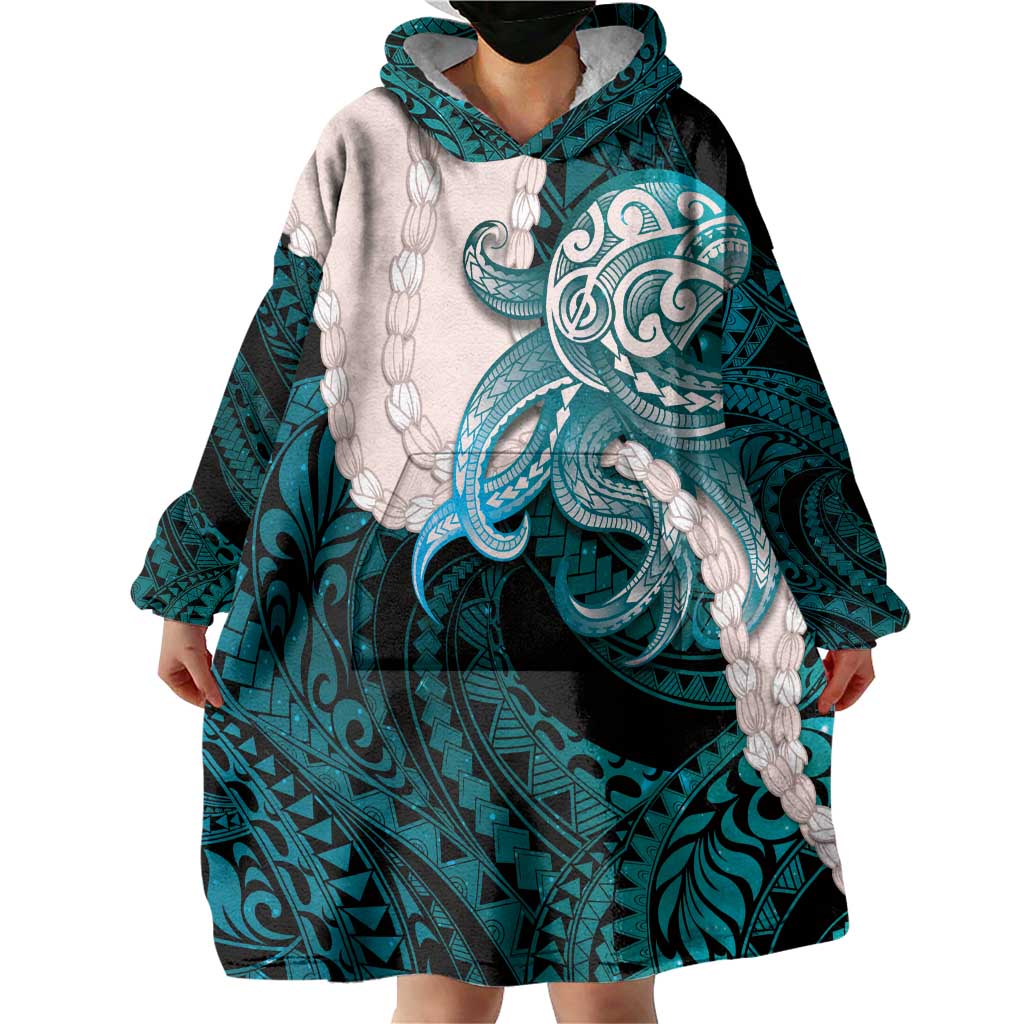 Teal Galaxy Polynesia Tribal Octopus Tattoo Wearable Blanket Hoodie Pikake Lei Polynesian Pattern