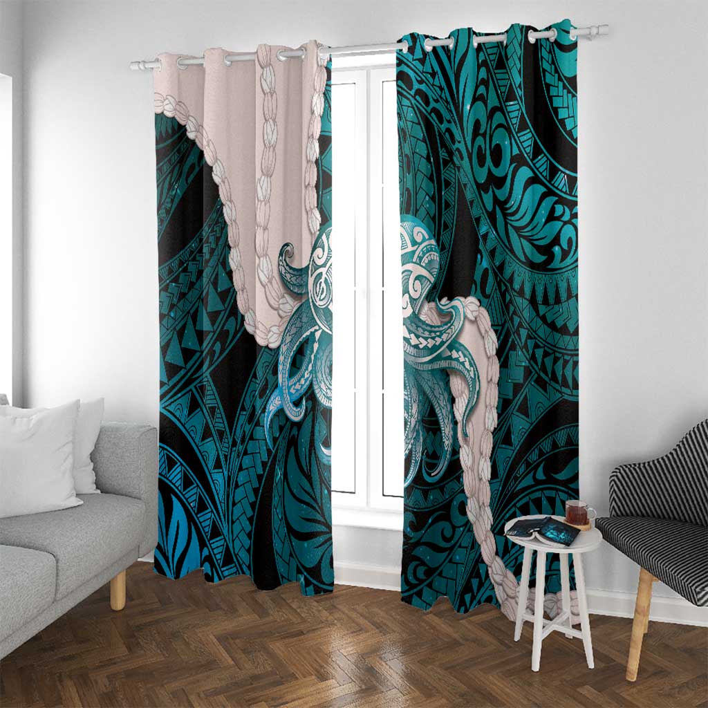 Teal Galaxy Polynesia Tribal Octopus Tattoo Window Curtain Pikake Lei Polynesian Pattern