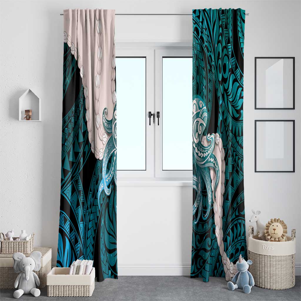 Teal Galaxy Polynesia Tribal Octopus Tattoo Window Curtain Pikake Lei Polynesian Pattern