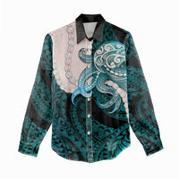 Teal Galaxy Polynesia Tribal Octopus Tattoo Women Casual Shirt Pikake Lei Polynesian Pattern
