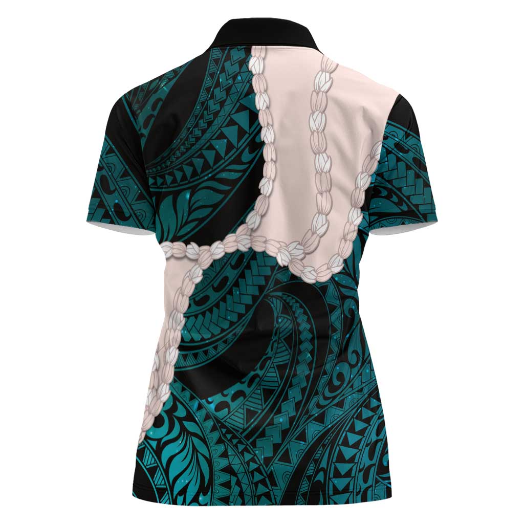 Teal Galaxy Polynesia Tribal Octopus Tattoo Women Polo Shirt Pikake Lei Polynesian Pattern